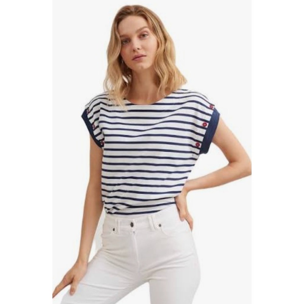Saint James Breton Stripe Shirt Top Women's US 14 Blue White Red Buttons Sailor